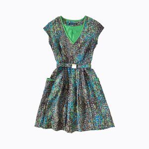 Marc NY Fit & Flare Belted Dress Sz 4 Brown Teal Animal Print Cottage Artsy Boho